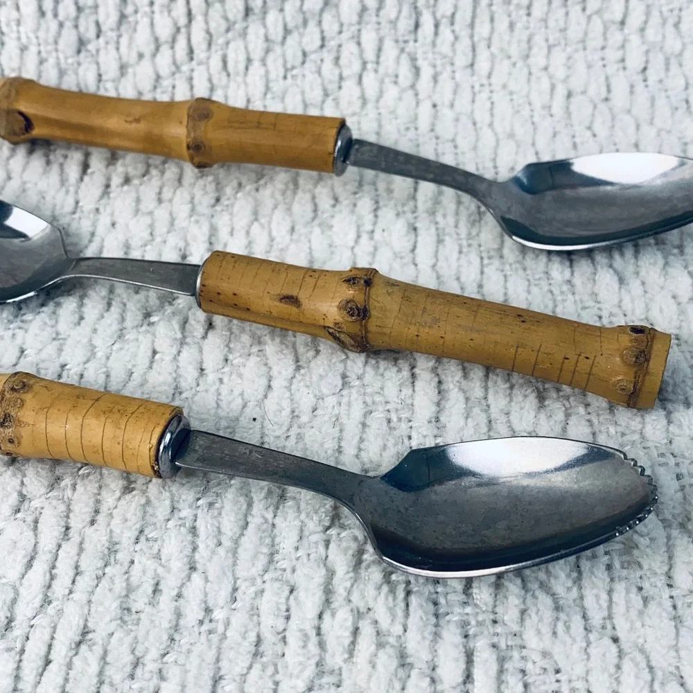 3 Grapefruit Spoons Tan Bamboo Handle Serrated Stainless Tiki Boho Japan Vintage